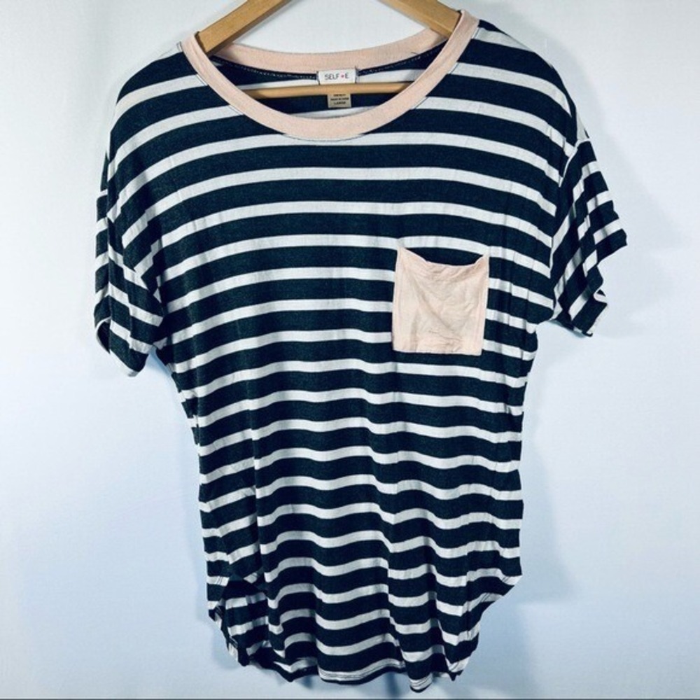 Self E Tshirt Womens Large‎ White Black Striped Sleeves